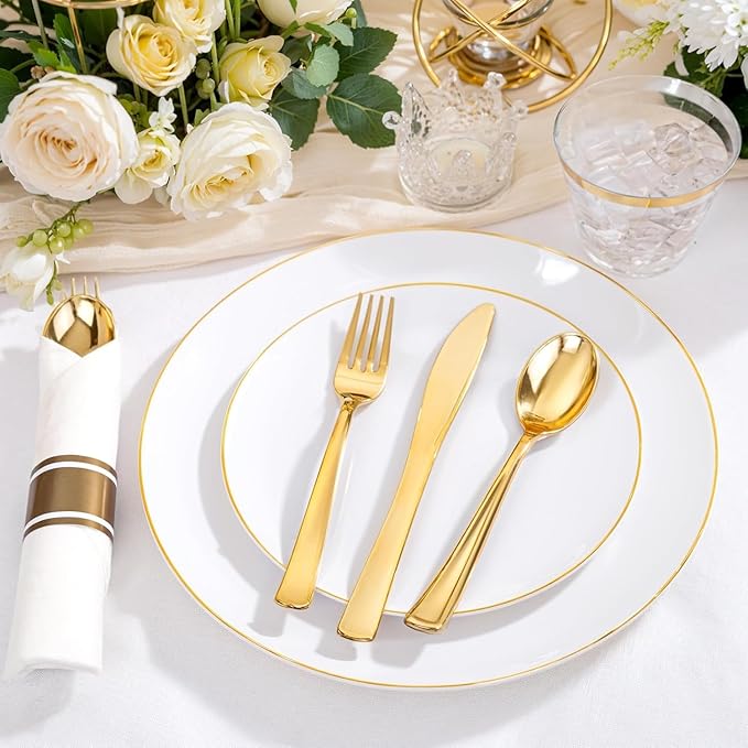 KIRE 175PCS Gold Plates Disposable - Heavy Duty White and Gold Plastic Plates Dinnerware Sets - 25 for Dinner 25 for Dessert 25 Pre Rolled Napkins and 25 Cups for Birthday/Ramadan/Wedding/Mother's Day