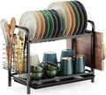GSlife Dish Drying Rack, 2 Tier Rust-Resistant Dish Rack with Drainboard Compact Dish Drainer with Utensil Holder, Cutting Board Holder for Kitchen Counter, Black