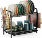 GSlife Dish Drying Rack, 2 Tier Rust-Resistant Dish Rack with Drainboard Compact Dish Drainer with Utensil Holder, Cutting Board Holder for Kitchen Counter, Black