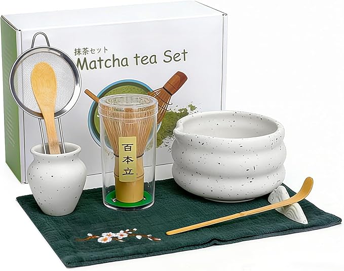 Matcha Whisk Set 8Pcs, Ceramic Japanese Tea Handmade Speckled Bowl Kit, Ceremony Starter Making Gifts, Boho Complete Fellow Matcha Tools Accessories with Spout Spoon Chasen Holder Sifter Tea Cloth