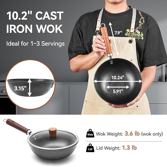 Cast Iron Wok with Lid, 10.2 Inch Flat Bottom Small Wok, Handcrafted Uncoated Iron Wok Stir Fry Pan with Wooden Handle, Tortoise Shell Texture, for Gas Electric Induction