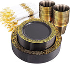 NOCCUR 210pcs Black and Gold Dinnerware Set - Black Disposable Plates and Napkins Party Supplies Include 60 Dinner/Dessert Plates, 30 Prerolled Plastic Cutlery&30 Cups for Party/Birthday/New Year