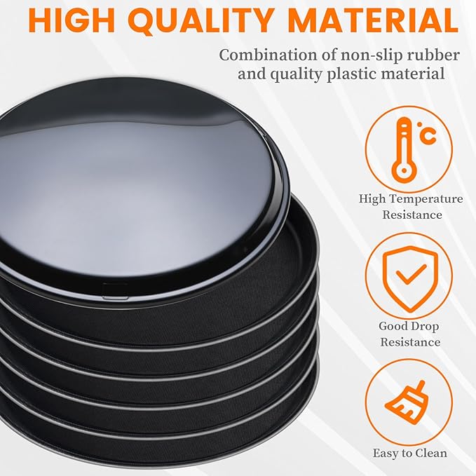 Mwellewm 6 Pieces Restaurant Serving Tray, Non Slip Surface Round Tray Plastic Food Meals Server with Raised Edges for Home, Kitchen, Restaurant, Cafeteria, Bar, Hotel (Black, 6 Pcs 11 Inch)