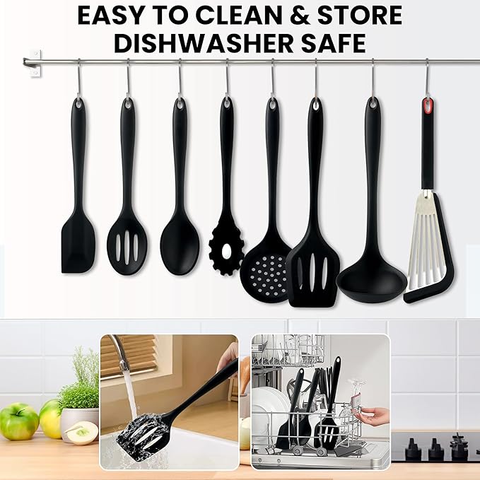 Silicone Kitchen Utensils Set, 8 PCS Heat Resistant Non Stick Cooking Tools, Silicone Spatula/Turner/Serving Spoon/Soup Ladle/Slotted Spoon/Pasta Server/Skimmer/Fish Spatula (Black)