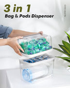 iCASA Trash Bag Dispenser Dishwasher Pod Organizer, 3 in 1 Grocery Garbage Bags Holder Storage Box Clear Laundry Room Pods Dishwasher Tab Cleaner Tablets Container Pantry Kitchen Under Sink Organizers