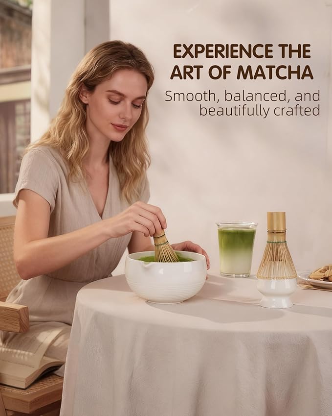 ZENS Matcha Whisk Set, 5pcs Matcha Kit Set Includes Ceramic Bowl, Bamboo Whisk and Chasen Holder, Scoop & Tea Mat，Matcha Tea ceremony Gift for Matcha Lovers, White