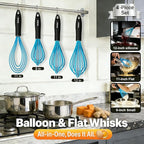 Anaeat Silicone Kitchen Whisk Set of 4, Perfect for Non-Stick Cookware, Milk and Egg Beater Blender for Whisking, Cooking, Baking, Beating - 11'' Flat Whisk and 9''+11''+12'' Balloon Whisks (Blue)