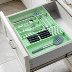 9-Piece Bamboo Kitchen Drawer Organizer Set, Expandable Silverware &Utensil Organizer with Removable Knife Block & Steak Knives, Flatware Organization, Tableware Dividers Storage(Cyan)