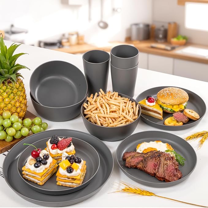 EI 24pcs Wheat Straw Dinnerware Set,Dark Grey Plates and Bowls Sets,Unbreakable Dinner Plates,Reuasble Plastic Plate,Microwave Dishwasher Safe for Camping,Picninc,Family Dinner