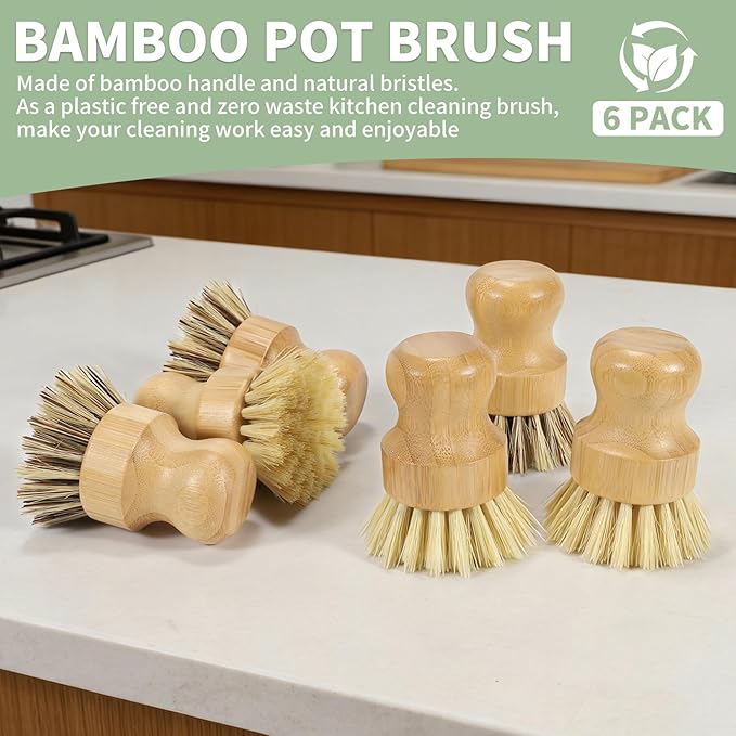 DEBETOOL 6 Pack Bamboo Dish Brush Set with Palm and Sisal Bristles, Natural Dish Scrubber for Fruit & Vegetables Cleaning, Kitchen Scrub Brush for Cast Iron Pots, Pans, Dishes
