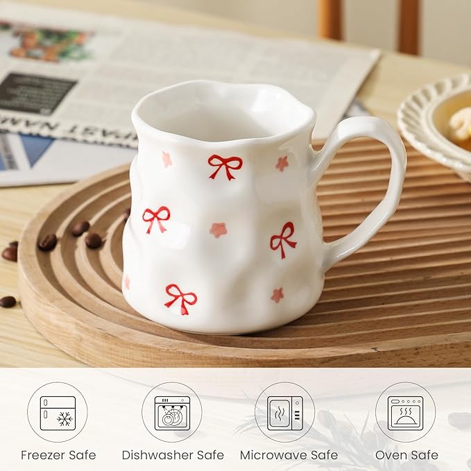 Ceramic Cute Coffee Mug,14 oz Pretty Mug,Unique Coffee Mug (Bows).Ceramic Mug For Women,Hand-Painted Coffee Cup