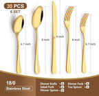 Gold Silverware Set, 30 Piece Flatware Cutlery Set for 6, 18/0 Stainless Steel Silverware, Mirror Polished Cutlery Utensil Set Includes Knife Fork Spoon For Home Kitchen Restaurant Gift