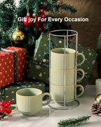 HASENSE Ceramic Coffee Mugs Set of 4 with Rack - 15 oz Stackable Large Porcelain Ribbed Latte Cup Set for Cappuccino, Tea, Hot Cocoa, Drinks - Dishwasher & Microwave Safe, Green Earth