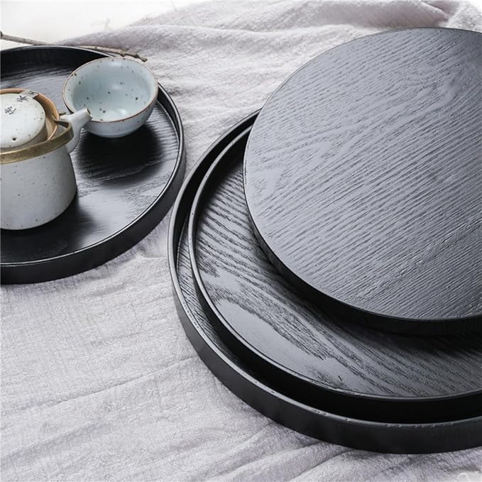 Round Solid Wood Serving Tray Extra Large Tea Coffee Snack Food Meals Serving Plate Non-Slip Kitchen Party Bar Server Ottoman Tray Breakfast Tray with Raised Edges (13inch/33cm) Black