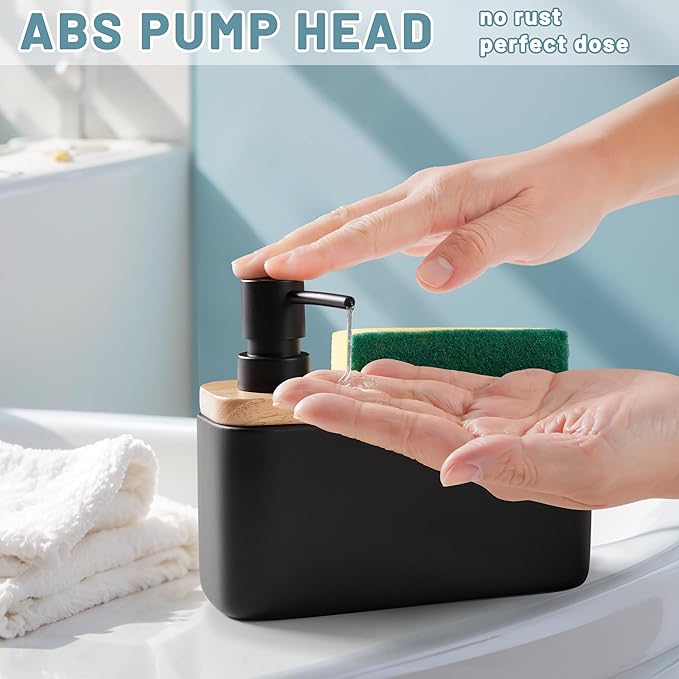 RQYIXI Black Soap Dispenser with Sponge Holder Ceramic Hand and Dish Soap Dispenser 17oz for Kitchen Bathroom