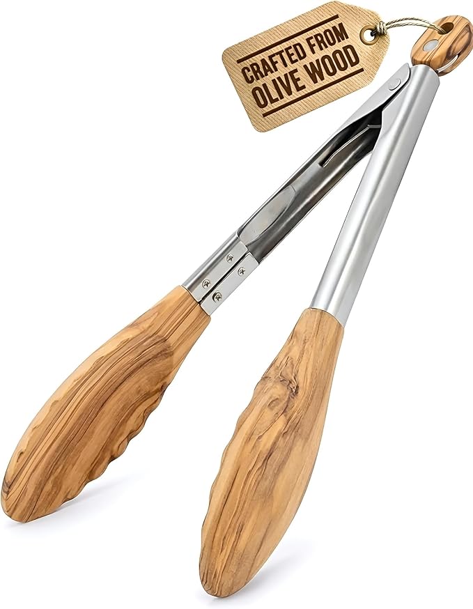 Premium Olive Wood Salad Tongs for Serving, 12 Inch Serving Tongs with 304 Stainless Steel Handle for Salad, Bread, BBQ, Pickles, Toaster & Kitchen Use