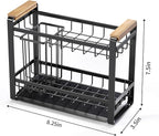 Sink Caddy Organizer with Wooden Handle, 2-Tier Rustproof Metal Sink Organizer Non-Slip Suction Cups, Multi-Functional Storage for Sponge, Soap Dispenser, Kitchen and Bathroom Countertop Accessories