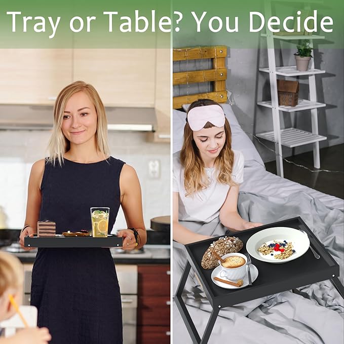Bamboo Bed Tray Table with Foldable Legs, Breakfast in Bed Tray for Eating, Kitchen Serving Trays, Folding Table for Sofa, Beds, Eating, Working, Used As Laptop Desk Snack Trays, Black