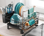 GSlife Small Dish Drying Rack for Kitchen Counter with Sponge Holder - Compact Dish Drainer for RV, Camper and Apartment, Rust-Resistant Wire Rack with Drainboard & Utensil Holder (Black)