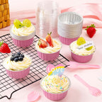 60Pcs Mini Loaf Pans with Lids and Spoons, Aluminum Foil Baking Pans, Round Mini Cake Pan, Brownie Baking Cups for Picnics Party (Pink)