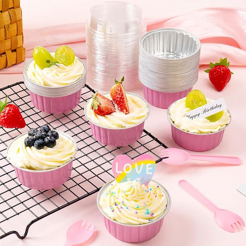 60Pcs Mini Loaf Pans with Lids and Spoons, Aluminum Foil Baking Pans, Round Mini Cake Pan, Brownie Baking Cups for Picnics Party (Pink)