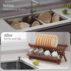 VERTORGAN Teak Dish Drying Rack,Folding Collapsible Drainer Plate Organizer Holder for Kitchen,Foldable Spice Rack for Countertop and Cabinet,Pantry Organization and Storage