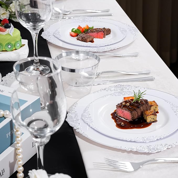 Hioasis 300pcs White and Silver Plastic Plates - Disposable Dinnerware Set Suitable for 50 Guests Include 10.25" Dinner & 7.5" Dessert Plates,Silverware Set, Cups for Weddingr(NO Napkins Included)