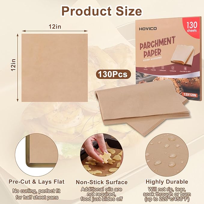 130-Pack Precut Parchment Paper Sheets | 12x12 Inch Unbleached Brown Baking Paper | Heavy Duty Non-Stick Liners for Oven, Air Fryer, Grill & Steaming | Perfect for Baking, Cooking, Wrapping Food