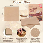 130-Pack Precut Parchment Paper Sheets | 12x12 Inch Unbleached Brown Baking Paper | Heavy Duty Non-Stick Liners for Oven, Air Fryer, Grill & Steaming | Perfect for Baking, Cooking, Wrapping Food
