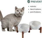 Havniva Ceramic 5.1inch Raised Double Bowls Set with Acacia Wood Stand, 2 Heights Elevated, Food & Water Bowls for Puppy, Kitty, Cats(13.5oz, Arctic White)