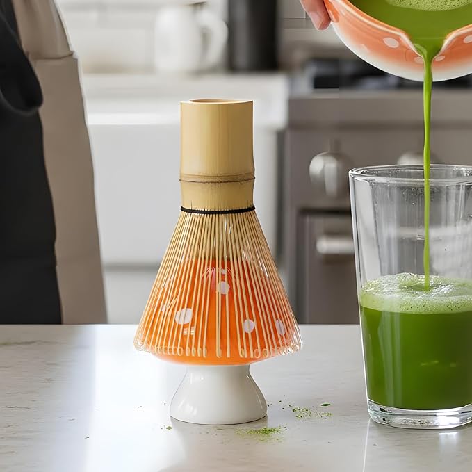 Matcha Whisk Set and Bowl, 5-Pieces Matcha Tea Ceremony Kit with Mushroom Design Gifts for Women Friends Lovers, Bamboo Whisk and Scoop, Orange