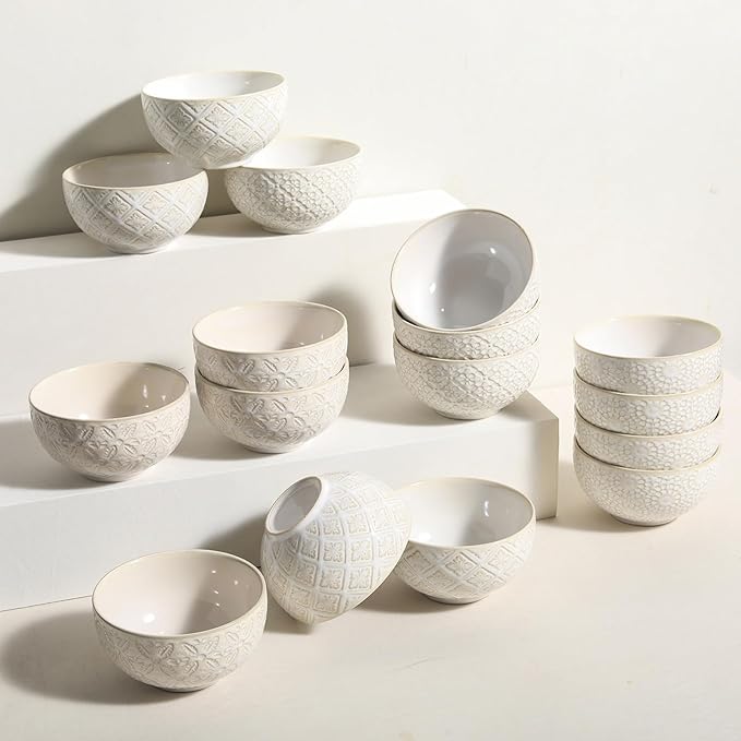 26 Oz Cereal Bowls Set of 4, 6 inch Ceramic Soup Bowl for Kitchen, Porcelain Embossed Serving Bowls for Salad, Pho, Breakfast, Ramen, Rice, Dishwasher Microwave Safe, Housewarming Gift