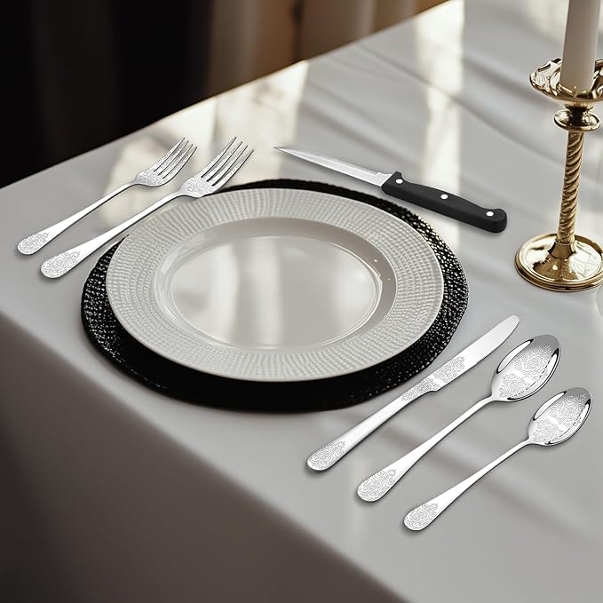 49PCS Silverware Set for 8 with Flatware Drawer Organizer, Stainless Steel Cutlery Set with Steak Knives, Include Spoons and Forks Set, Carving floral patterns, Dishwasher Safe