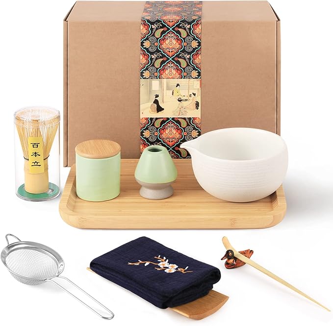 Artcome Japanese Matcha Tea Set, Matcha Bowl with Pouring Spout, Tea Tray, Bamboo Whisk, Ceramic Whisk Holder, Handmade Matcha Ceremony Kit For Japanese Tea Ceremony (10Pcs)