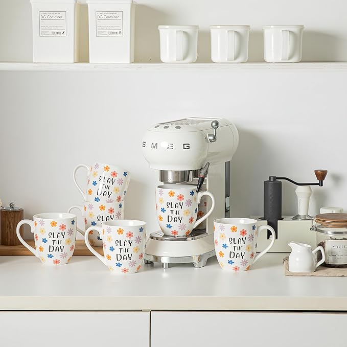 16 OZ Coffee Mugs Set of 6, Aesthetic Cute Cups with Retro Floral Pattern, Inspirational Affirmation Gifts for Women, Coworkers, Friends, Ceramic, (White)