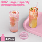 Luiaiog 20oz Glass Cups with Lids and Straws - Set of 4 Reusable Tumblers, Thickened Shatter-Resistant Glass, Ideal for Iced Coffee, Smoothies, Cocktails, Juices - Elegant & Durable Drinkware (Pink)