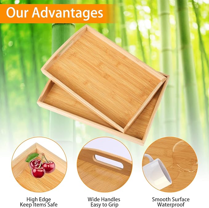 2-Pack Bamboo Serving Trays with Handles, 16" and 13", Decorative Food Tray Set for Breakfast, Coffee, Tea, Snacks, Ideal for Coffee Table, Ottoman, Living Room & Kitchen