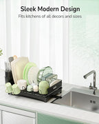 ULG Dish Drying Rack with Drainboard, Dish Rack for Kitchen Counter, Rustproof Dish Drainer with Detachable Utensil Holder, Adjustable Swivel Spout Dish Strainers, Black