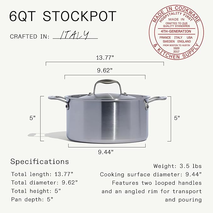 Made In Cookware | 6 Quart Stainless Steel Stock Pot With Lid | 5 Ply Stainless Clad | Professional Cookware | Crafted in Italy | Induction Compatible