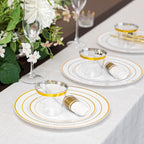N9R 350PCS Gold Plastic Dinnerware Set for 50 Guests, Include: 50 Dinner Plates, 50 Dessert Plates, 50 Pre Rolled Napkins with Silverware and 50 Cups, White and Gold Disposable Plates for Party