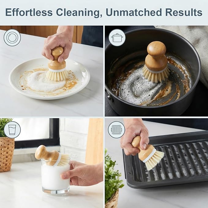 ONEMORE Bamboo Dish Brush with Ceramic Foaming Base, Kitchen Sink Scrub Brush Set with Spring and Mesh Insert, Wooden Handle Dishwashing Brush for Pots Pans Plates Bowls, Marble