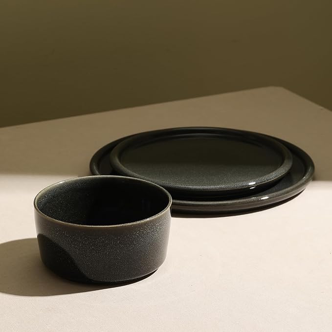 Stone Lain Eden 24-Piece Dinnerware Set Stoneware, Plates and Bowls Set, Dishwasher and Microwave Safe Dish, Dish Set for 8, Charcoal Grey