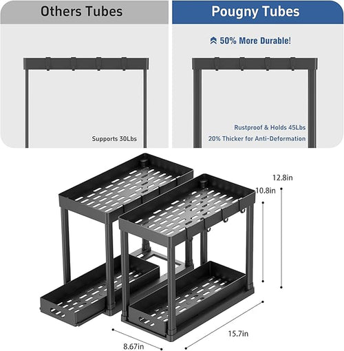 2PC Under Sink Organizer Rack 2 Tier Under Sliding Cabinet Basket Organizer Drawer with 4 Hooks, Multi-purpose Under Sink Storage for Bathroom Kitchen Desktop（Black）