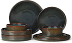 LIANYU Dinnerware Sets with Pasta Bowls, 8 Piece Ribbed Dinnerware Plates and Bowls Set for 2, Elegant Modern Stoneware Dishes Set for Kitchen Dining, Microwave and Dishwasher Safe, Jungle Green
