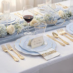 NOCCUR 175PCS Blue Plastic Plates with Gold Disposable Silverware - Include 50 Light Blue and Gold Plastic Plates,25 Knives,25 Forks,25 Spoons,25 Cups and 25 Napkins - Easter Day/Spring Party