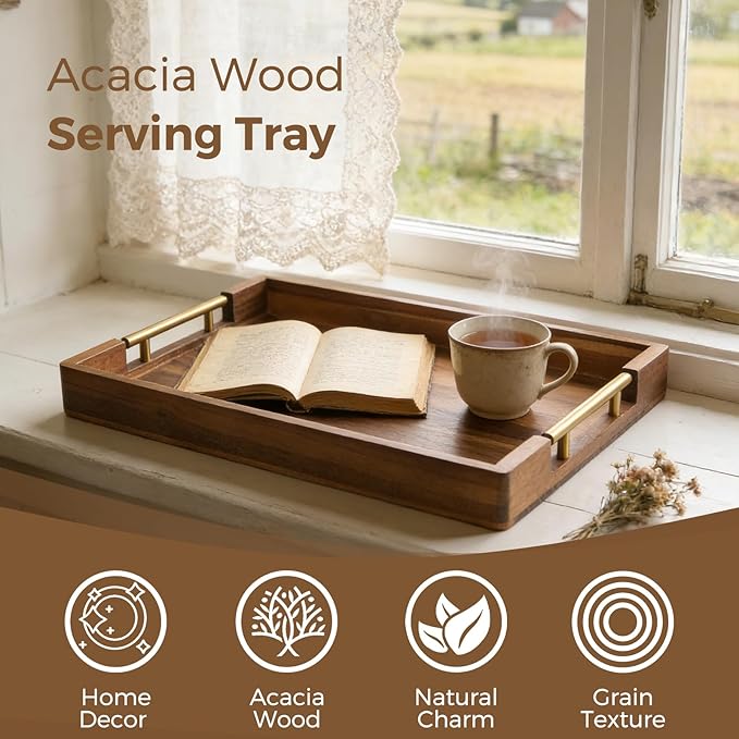 Acacia Wood Serving Tray with Golden Handles, 17 Inch Wooden Tray for Ottoman, Breakfast, Lunch, Dinner, Decorative Rectangular Tray for Living Room, Kitchen Counter, Outdoor