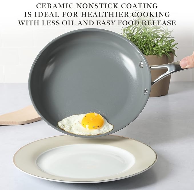 Martha Stewart Delaroux 10 Piece Stainless Steel Pots and Pans Kitchen Cookware Set w/PFAs Free Premium Nonstick Ceramic Interior