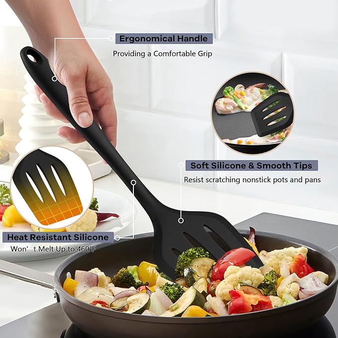 TeamFar Silicone Cooking Utensils, 10 pcs Kitchen Cooking Utensils Set, 446°F Heat Resistant Kitchen Gadgets Tools Set w/Spatula, Turners, Spoons, Soup Ladle, Pasta Server for Nonstick Cookware, Black