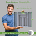 Pipishell Bamboo Expandable Drawer Organizer for Utensils Holder, Adjustable Cutlery Tray, Wood Drawer Dividers Organizer for Silverware, Flatware, Knives in Kitchen, Bedroom, Living Room(Grey)