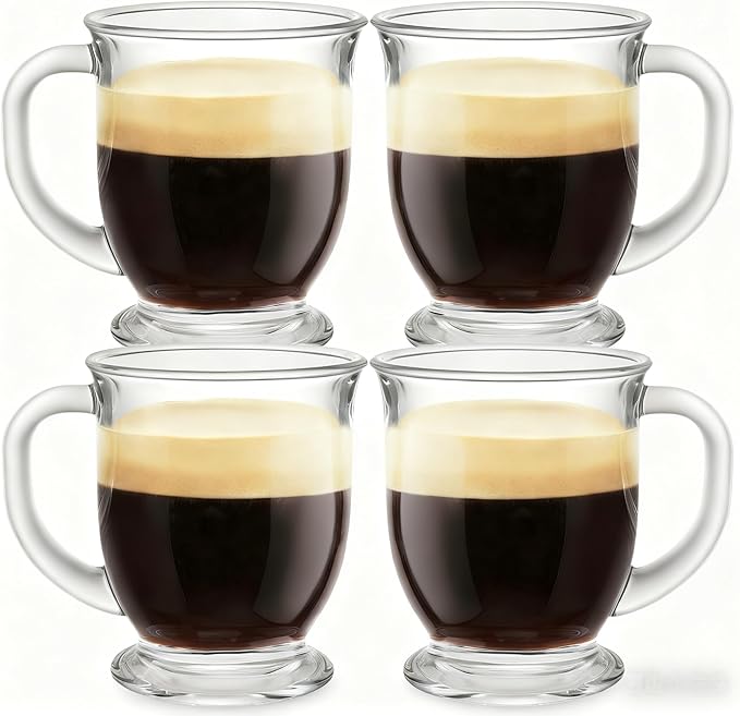 Set of 4 Clear Glass Coffee Mugs,16 OZ Large Beer Cups,Diner Coffee Cup with Handle for Hot Beverages,Tea, Cappuccino, Latte, Espresso, Juice Mothers Men and Women Gifts